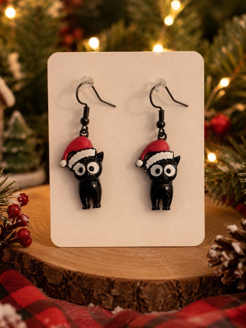 Black Kitten Santa Hat Dangle Earrings New
